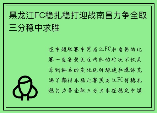 黑龙江FC稳扎稳打迎战南昌力争全取三分稳中求胜 黑龙江FC稳扎稳打迎战南昌力争全取三分稳中求胜