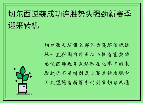 切尔西逆袭成功连胜势头强劲新赛季迎来转机 切尔西逆袭成功连胜势头强劲新赛季迎来转机
