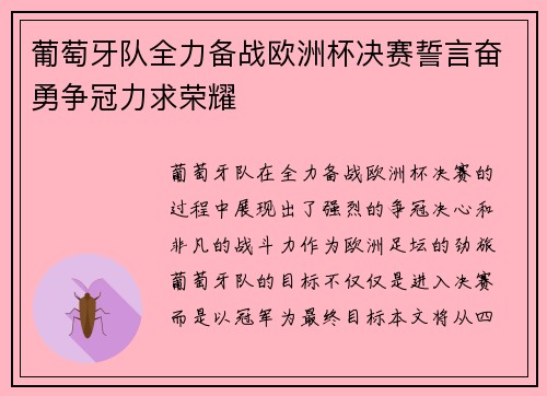 葡萄牙队全力备战欧洲杯决赛誓言奋勇争冠力求荣耀