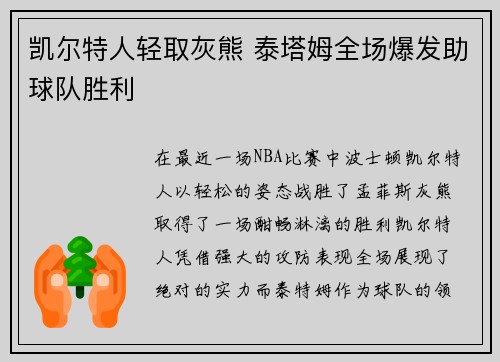 凯尔特人轻取灰熊 泰塔姆全场爆发助球队胜利