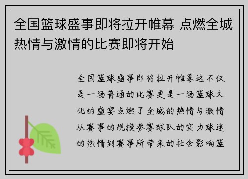 全国篮球盛事即将拉开帷幕 点燃全城热情与激情的比赛即将开始 全国篮球盛事即将拉开帷幕 点燃全城热情与激情的比赛即将开始